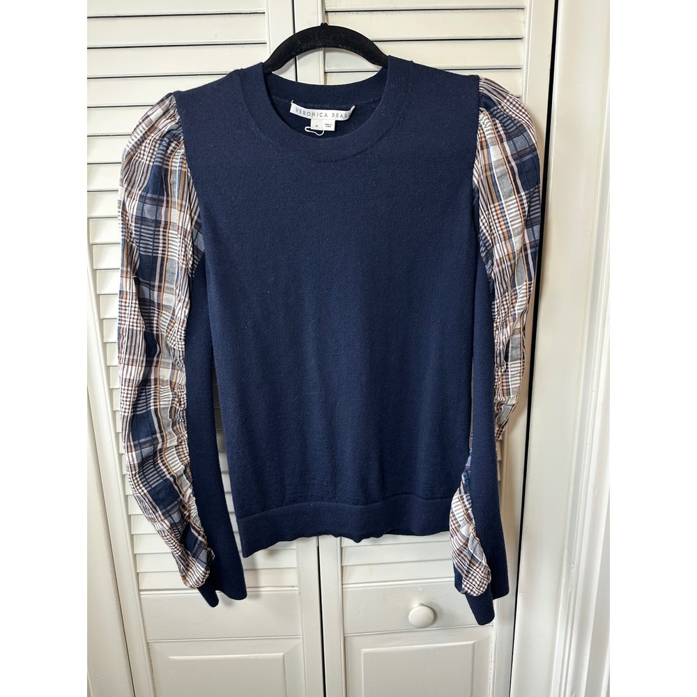 Veronica Beard Navy Merino Wool Plaid Puff Sleeve Sweater Mixed Media Top M